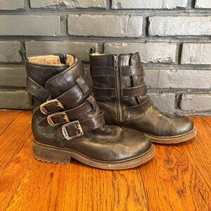 Frye Valerie Strappy Shearling Black Leather Motorcycle Moto Snow Boots Size 7.5